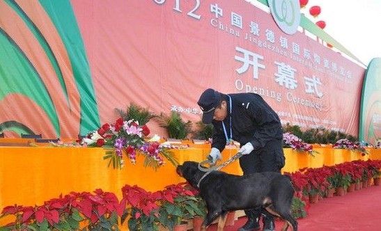 江西景德鎮陶瓷博覽會開幕 安檢門與搜爆犬共同安保